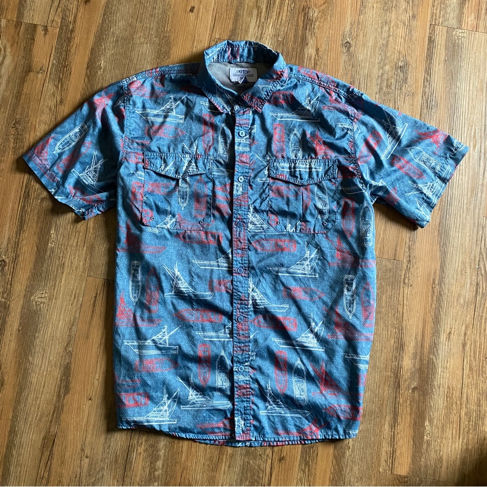 Aftco captains lounge vintage boat print button down shirt size large